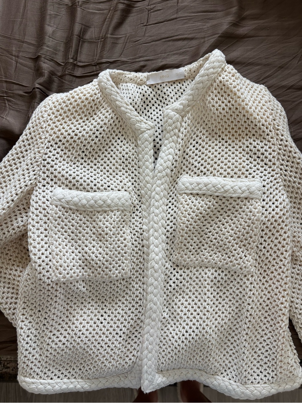 Mango Cream Open-Knit Braided-Trim Cardigan Jacket